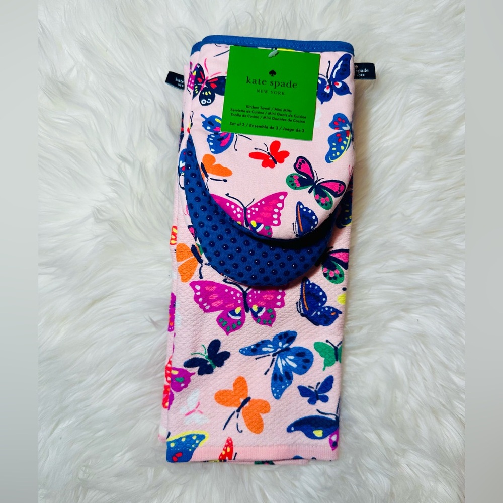 Kate Spade Pink and Blue Butterfly Towel and Mini Mitts Set